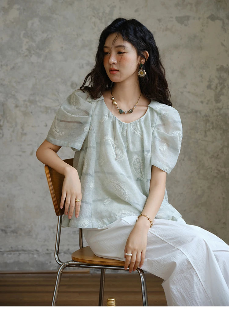 MISHOW O-Neck Blouse for Women 2025 Summer New Fashion Print Embroidery Puff Sleeve Loose Casual Top Ladies Clothing MXE34X1807