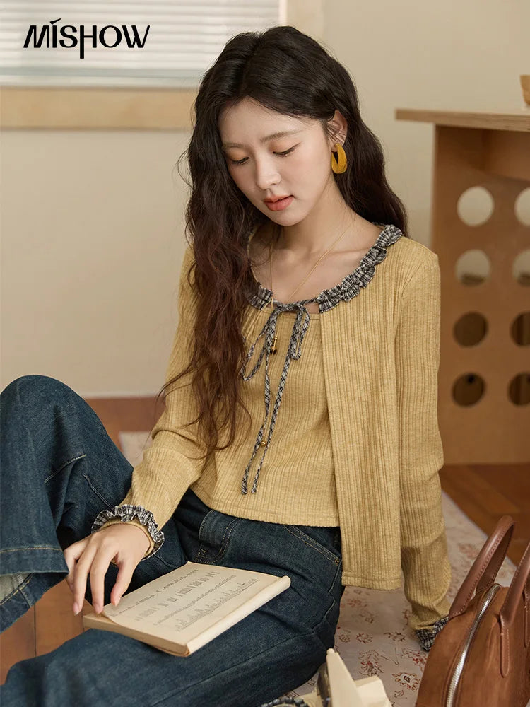 MISHOW Plaid Black Fungus Edge Tied Knitted Sweater for Women Autumn 2025 Pit Striped Knitted Fake Two-piece Top MXE44Z1361