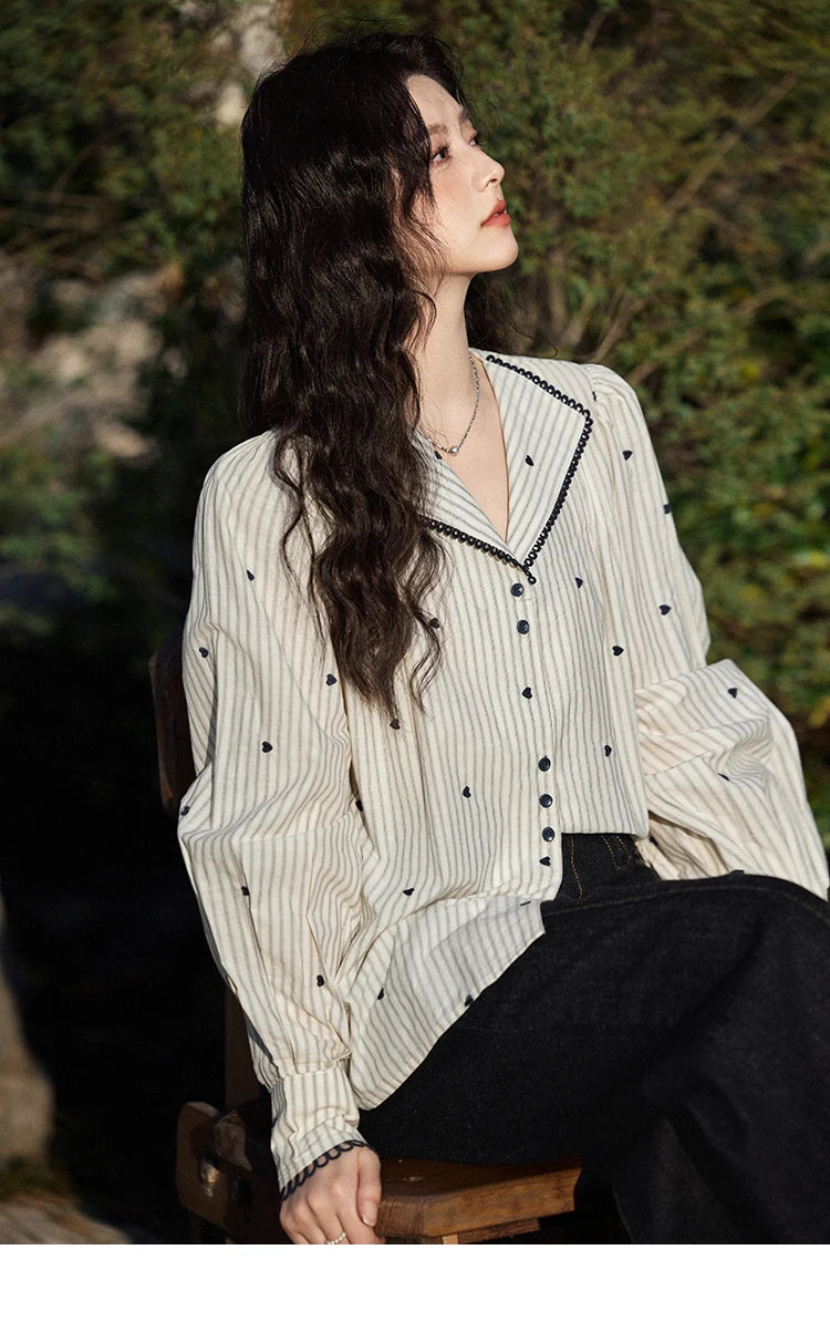 MISHOW Striped Bubble Sleeve Shirt for Women 2025 Spring French Retro Love Embroidered Top 100 Cotton V-neck Shirts MXE12C0390