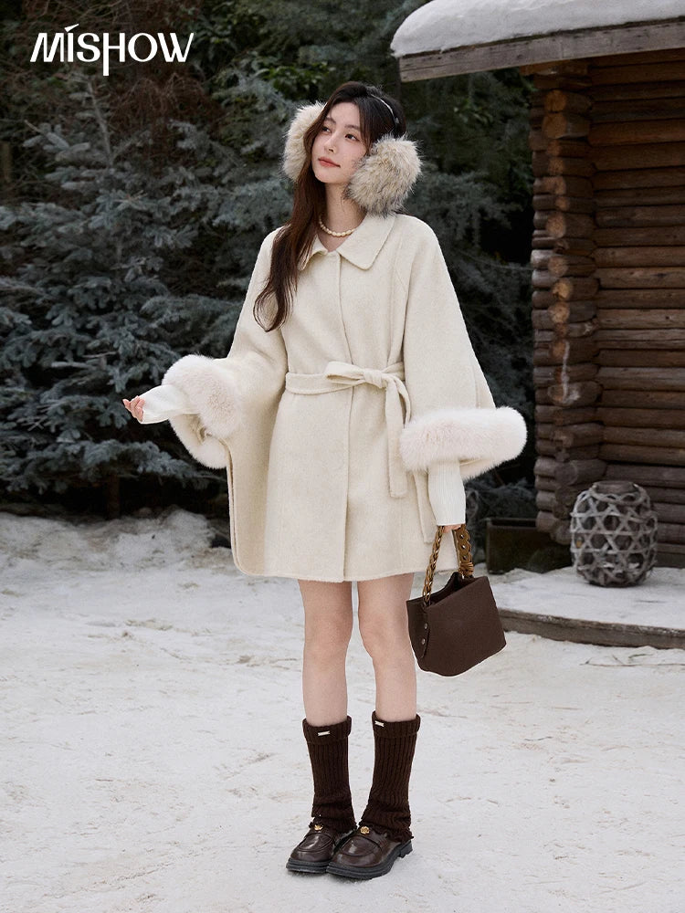 MISHOW 100% Wool Cape Double-sided Woolen Coat 2025 Winter Elegant Detachable Furry Cuffs Warm Lapel Ponchos Coats MXE90W0947