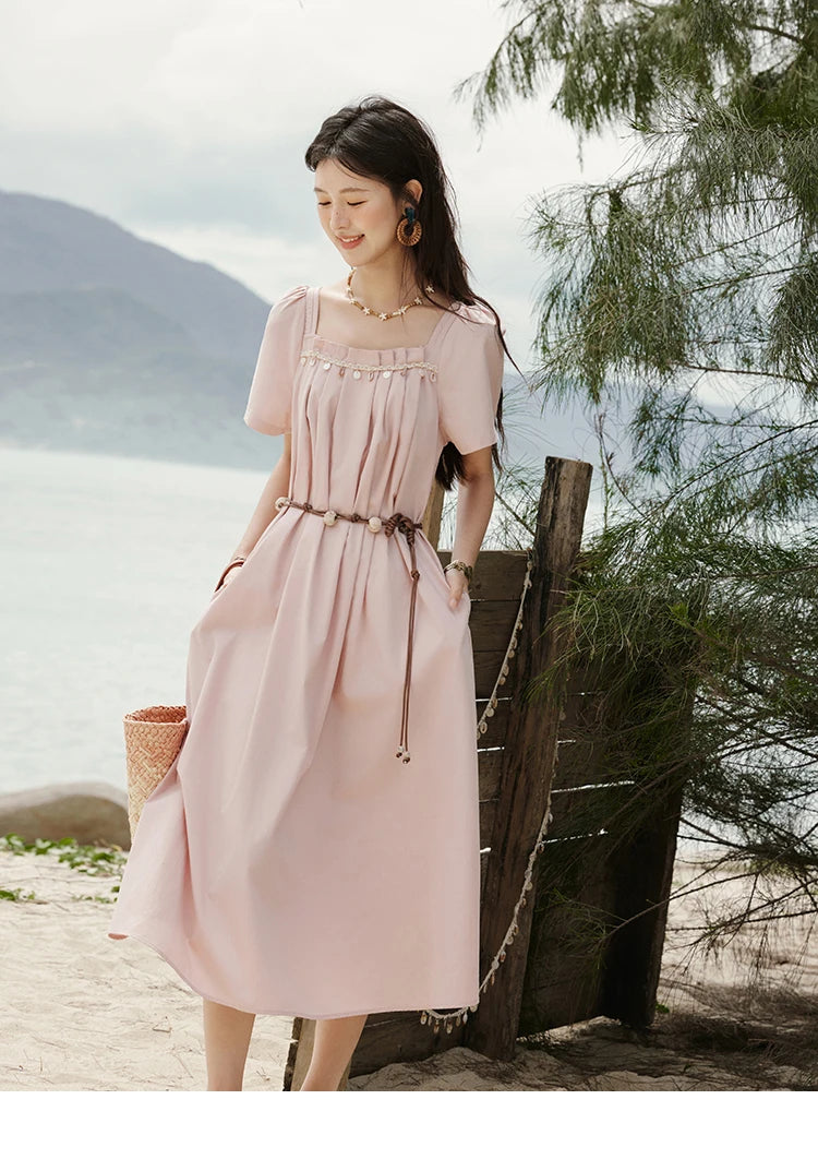 MISHOW Bohemian Pink Women‘s Summer Dresses Women 2025 Short Sleeve Square Collar with Belt Dress Lady New Fashion MXE33L2158