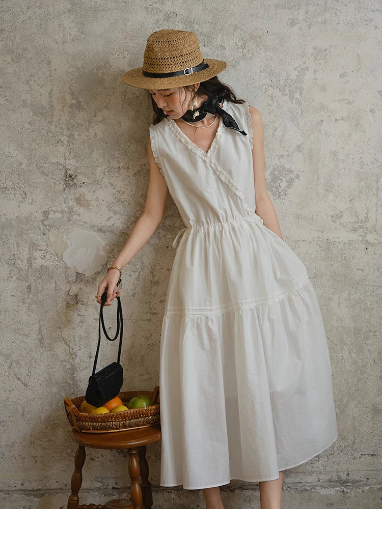 MISHOW Sleeveless Dress for Women Summer 2025 Drawstring Waist Simple Fashion Lace V-neck Dresses Female Clothing MXE37L2331