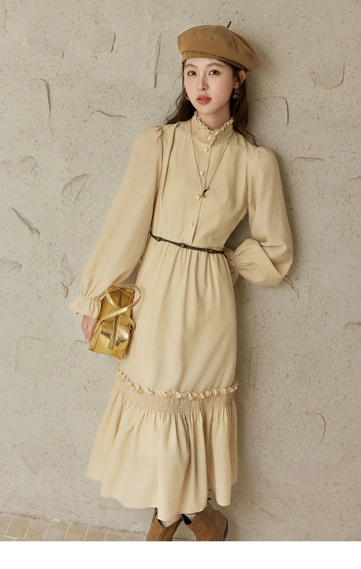 MISHOW French Stand Neck Elasticity Dress 2024 Autumn Waist Elegant A-line Dresses Elastic Lotus Leaf Sleeves Dress MPD42L2036