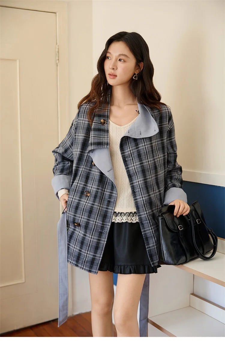 MISHOW Two Sided Outerwear Trench for Women Autumn Winter 2025 Blue Plaid Patchwork Diagonal Placket Belt Trench MXE48W0871