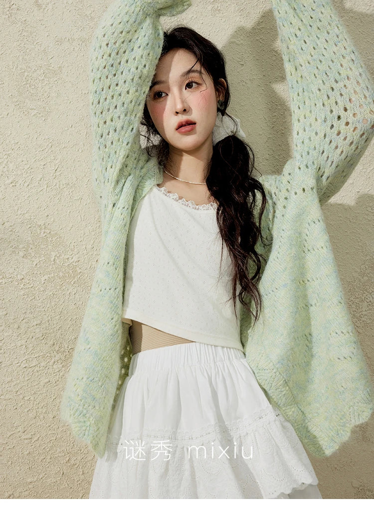 MISHOW Green Knitted Cardigan for Women Spring 2025 Loose Hollow Out Wave Neck Commuting Slim Open Stitch Cardigan MXE12Z1212