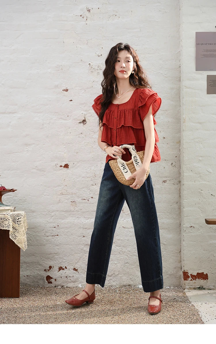 MISHOW Women's French Square Collar Blouses 2024 Summer Retro Red Ruffle Lace Cake Top Puff Sleeve Solid Sweet Blouse MXD30X1488