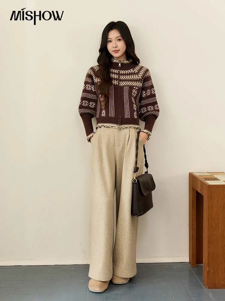 MISHOW Women's Brown Knitted Fair Isle Sweater Vintage Jacquard Lantern Sleeves Zipper Top Ruffled Trim Warm Sweaters MXE91Z2868
