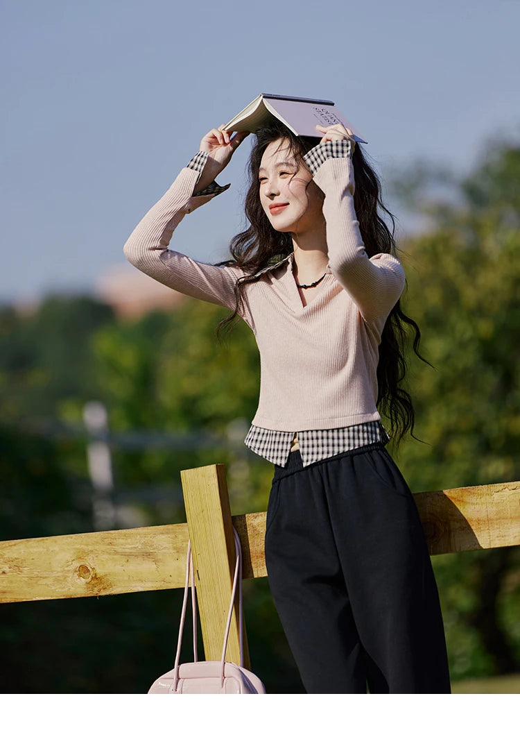 MISHOW Plaid Splicing Fake Two-piece Tops for Women Spring 2025 Contrasting Colors Slim Thin Top V-neck Casual Tees MXE13Z1108