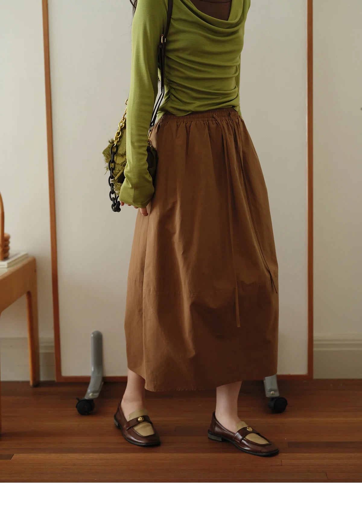 MISHOW Autumn Brown Cotton Bud Skirt 2025 Autumn Elastic Drawstring High Waist Slim A-line Casual Skirt with Pocket MXE41B2367