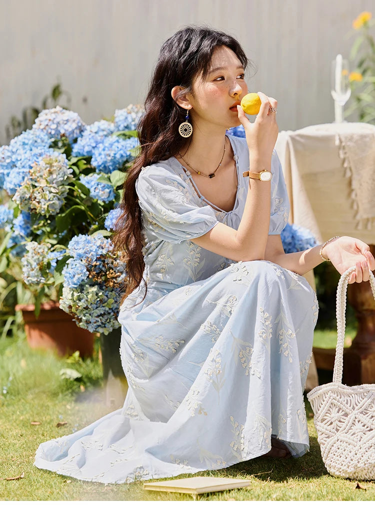 MISHOW Blue Square Neck Bubble Sleeve Dress for Women Summer 2025 Waist Vacation 100 Cotton Embroidered Long Dress MXE35L2234