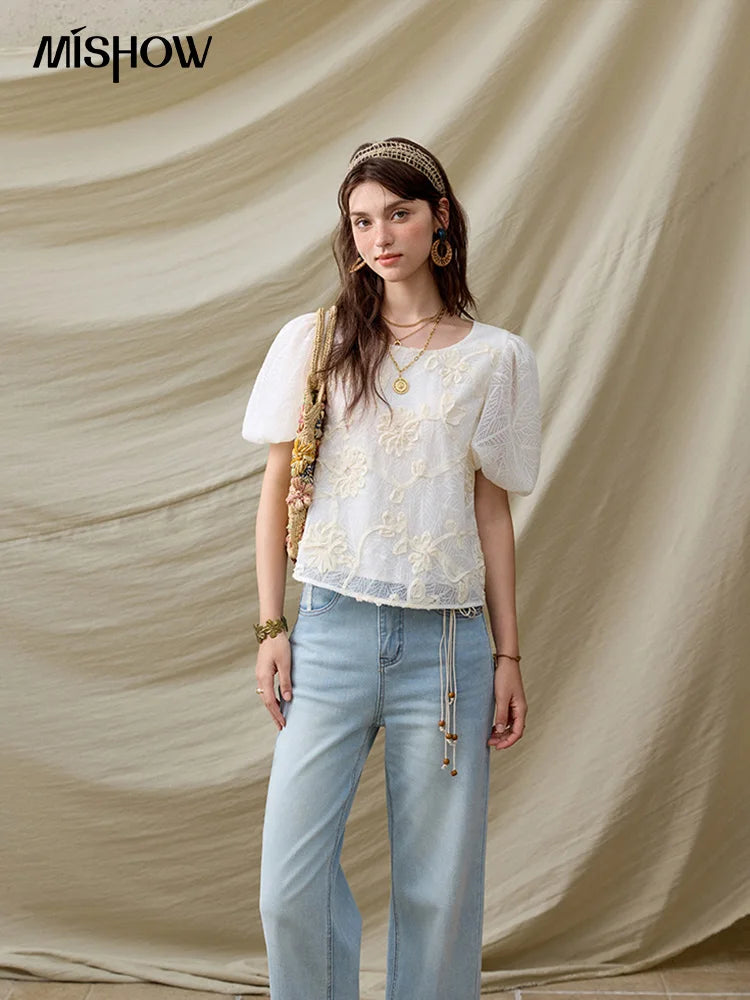 MISHOW French Summer Blouses Women New 2025 Short Puff Sleeve Round Neck Jacquard Flower Slim Shirts Woman Versatile MXE32X1772
