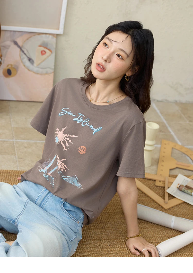 MISHOW Casual Print Shirts Women Summer New 2025 Short Sleeve Round Neck Loose Pure Cotton T-shirt Female Fashion MXE31T0533