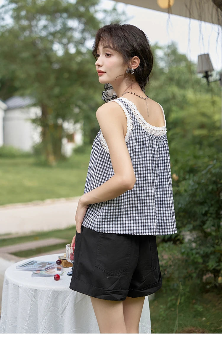 MISHOW French Sweet Lace Plaid Suspender Vest Women 2025 Summer Loose Fit U Neck Lace-up Blouses Sleeveless Doll Top MXD26X1567