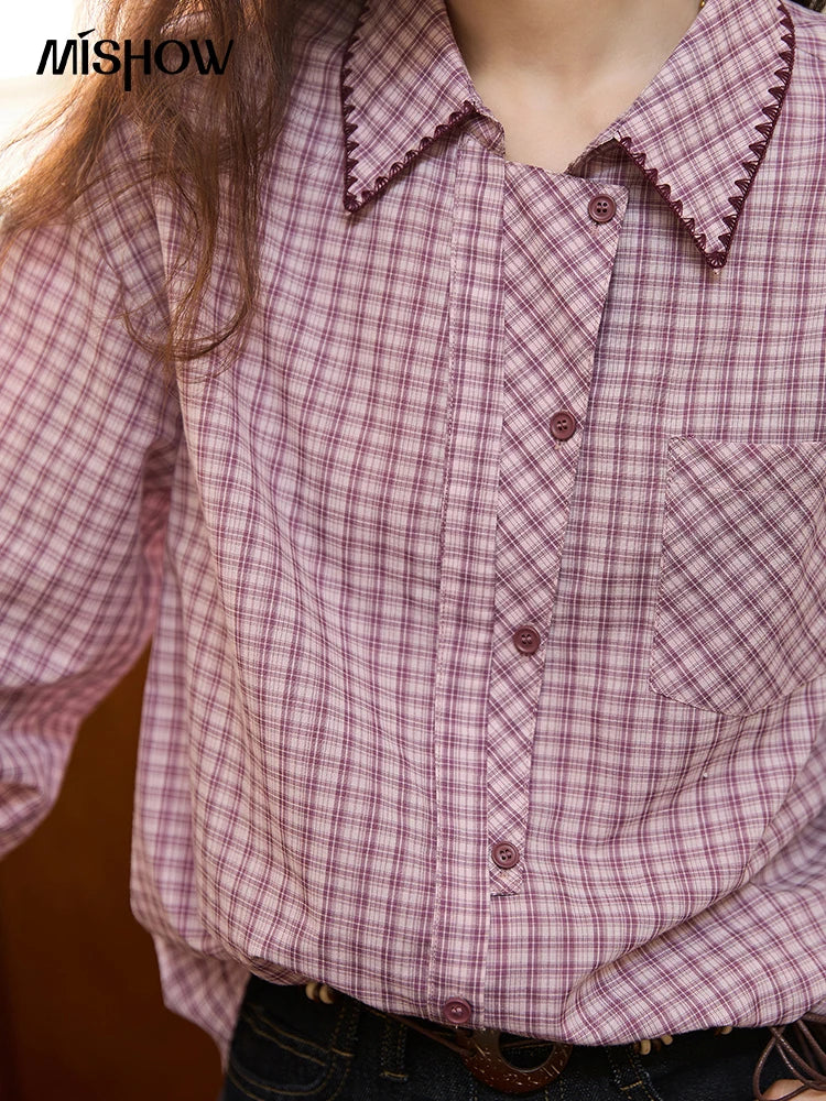 MISHOW Purple Plaid Shirt for Women Autumn 2025 Contrasting Embroidery Irregular Placket Shirt with Pocket Casual Top MXE44C2394