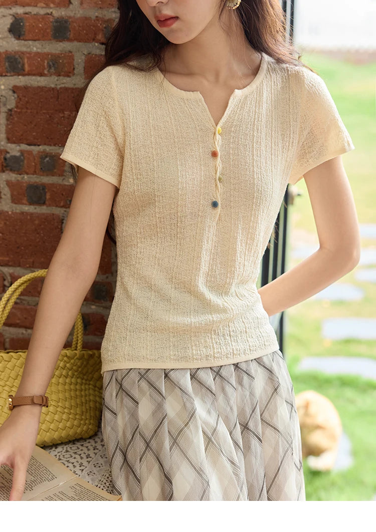 MISHOW Short Sleeved Knitted T-shirt for Women Summer 2025 Twisted Design Dopamine Button Tees Slim Breathable Top MXE34Z1243