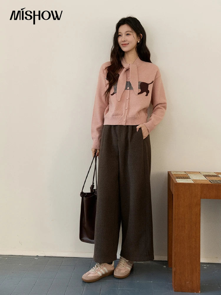 MISHOW Women's Pink Knit Cardigan 2025 Autumn Winter Dachshund Pattern Bow Collar Sweaters Single-breasted Loose Tops MXE94Z2997