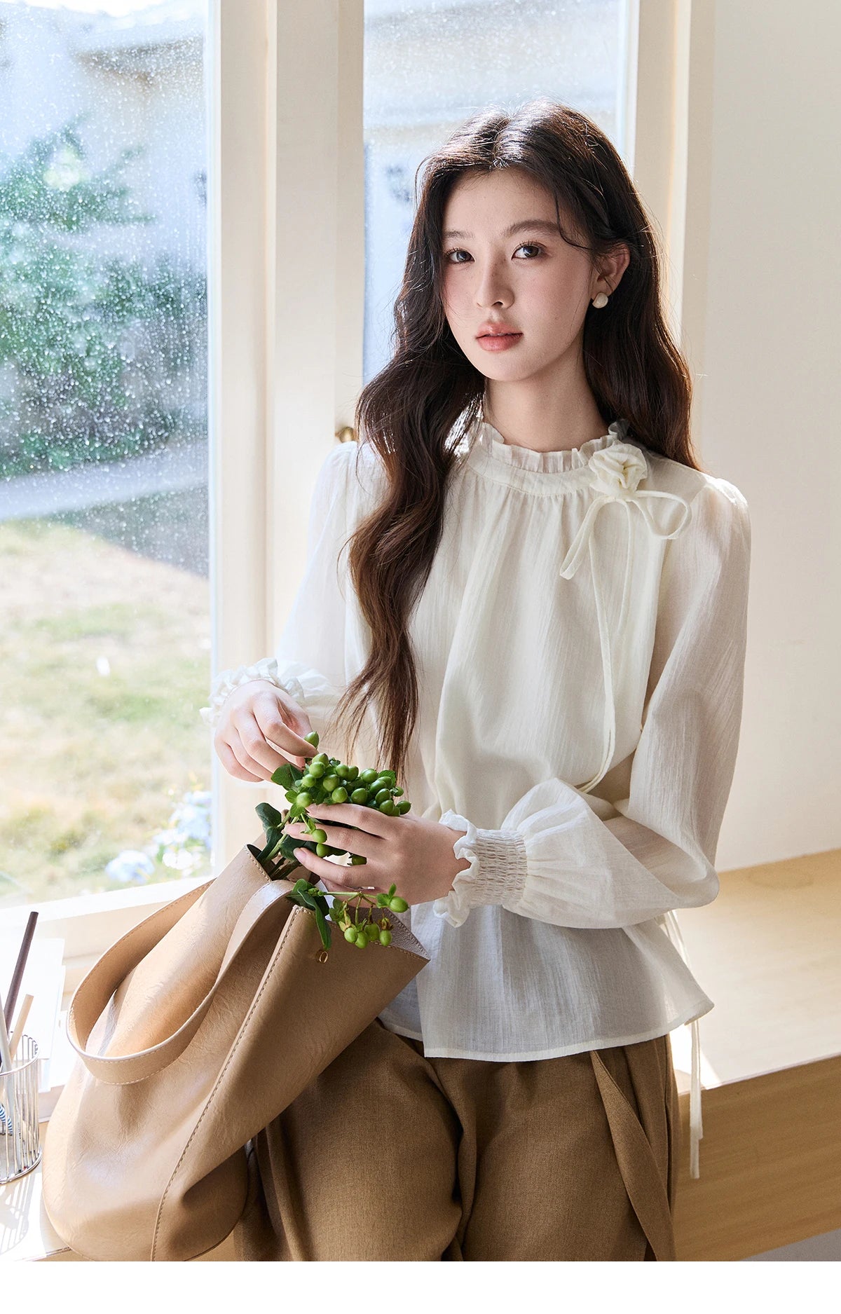MISHOW Women's Ruffled Stand Collar Blouse 2026 Spring Flower Decor Apricot Blouses Drawstring Waist Puff Sleeve Top MXF11C2428
