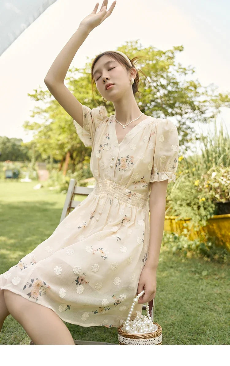 MISHOW Women's Chiffon Dress 2025 Summer French Elegant Floral Embroidered A-LINE V-Neck Sweet Knee-Length Dresses MXC38L1424