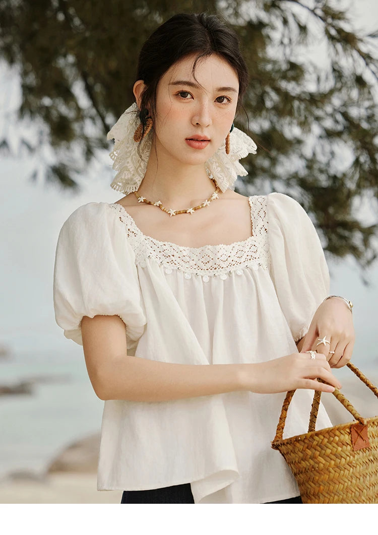 MISHOW French New Shirts Women Summer 2025 Short Puff Sleeve Square Collar Solid Splicing Lace Blouses Female Holiday MXE32X1780