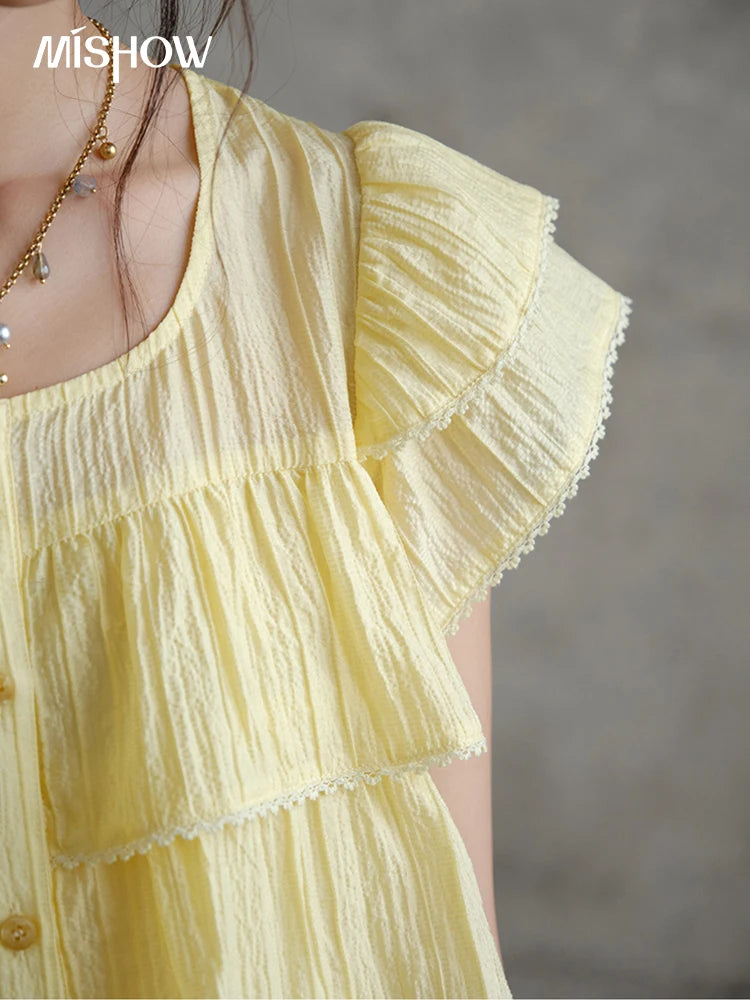 MISHOW Butterfly Sleeve Chiffon Shirt Women's 2025 Summer New Women's Clothing Retro Square Neck Button Casual Shirt MXD30X1488