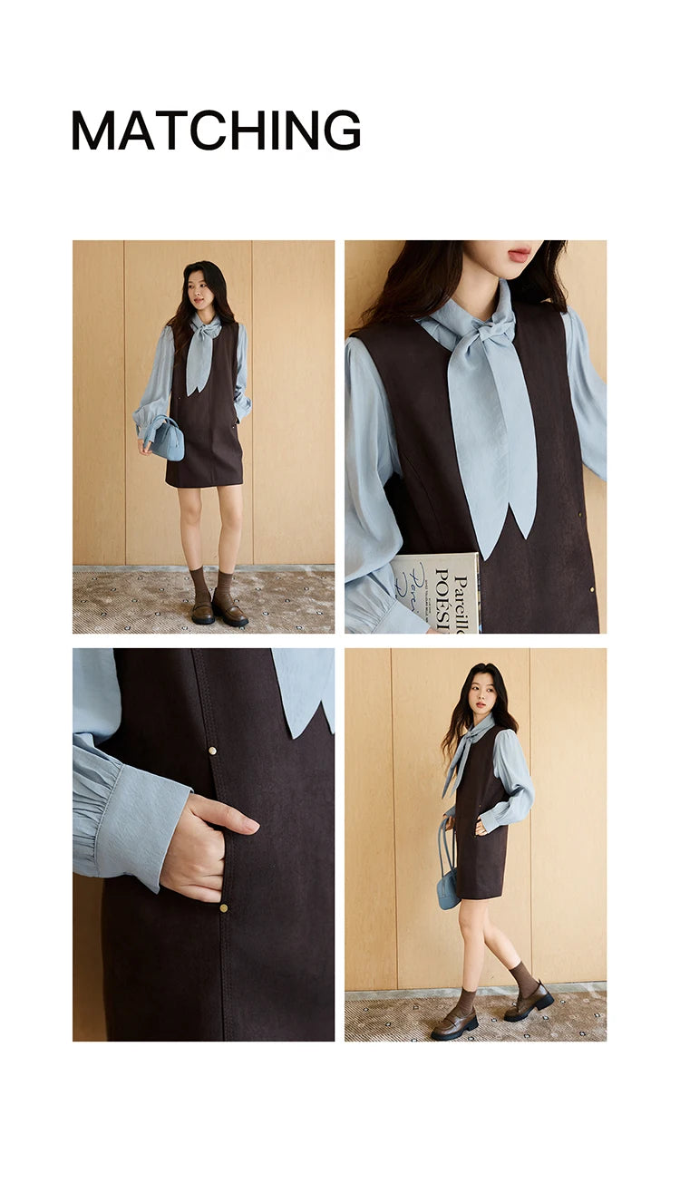 MISHOW Woman Two-piece Set 2025 Autumn College Style Light Blue Shirt Dark Brown Vest Skirt Suit Woman Clothes MXE47T1408