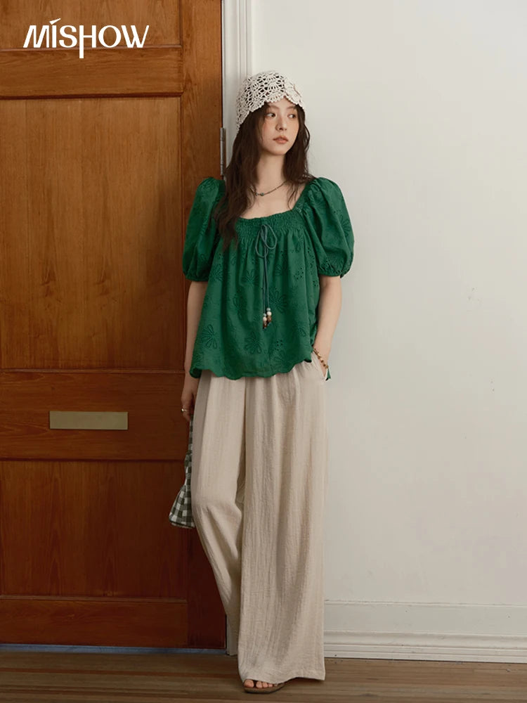 MISHOW Women Casual Wide Leg Pants 2025 Summer Button Pocket Versatile High Waist Slim Straight Pants Female Clothing MXE39K0962