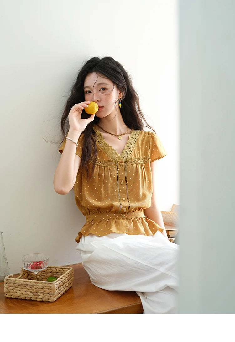 MISHOW Women's V-neck Lace Splicing Blouse 2025 Summer New Ladies Fashion Polka Dot Hollow Ruffle Button Female Top MXE38X1847