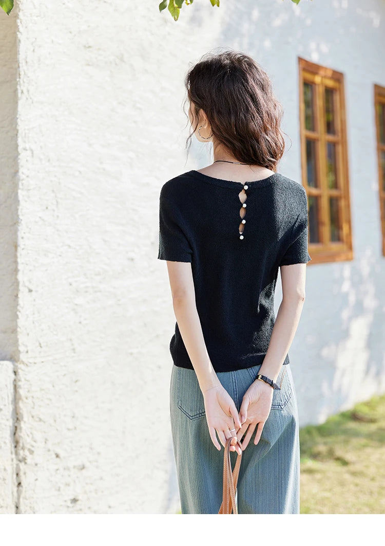 MISHOW Women's Short Sleeved Knitted T-shirt Spring 2025 Korean Minimalist Back Hollowed Out Pearl Buckle Design Tees MXE13Z1072
