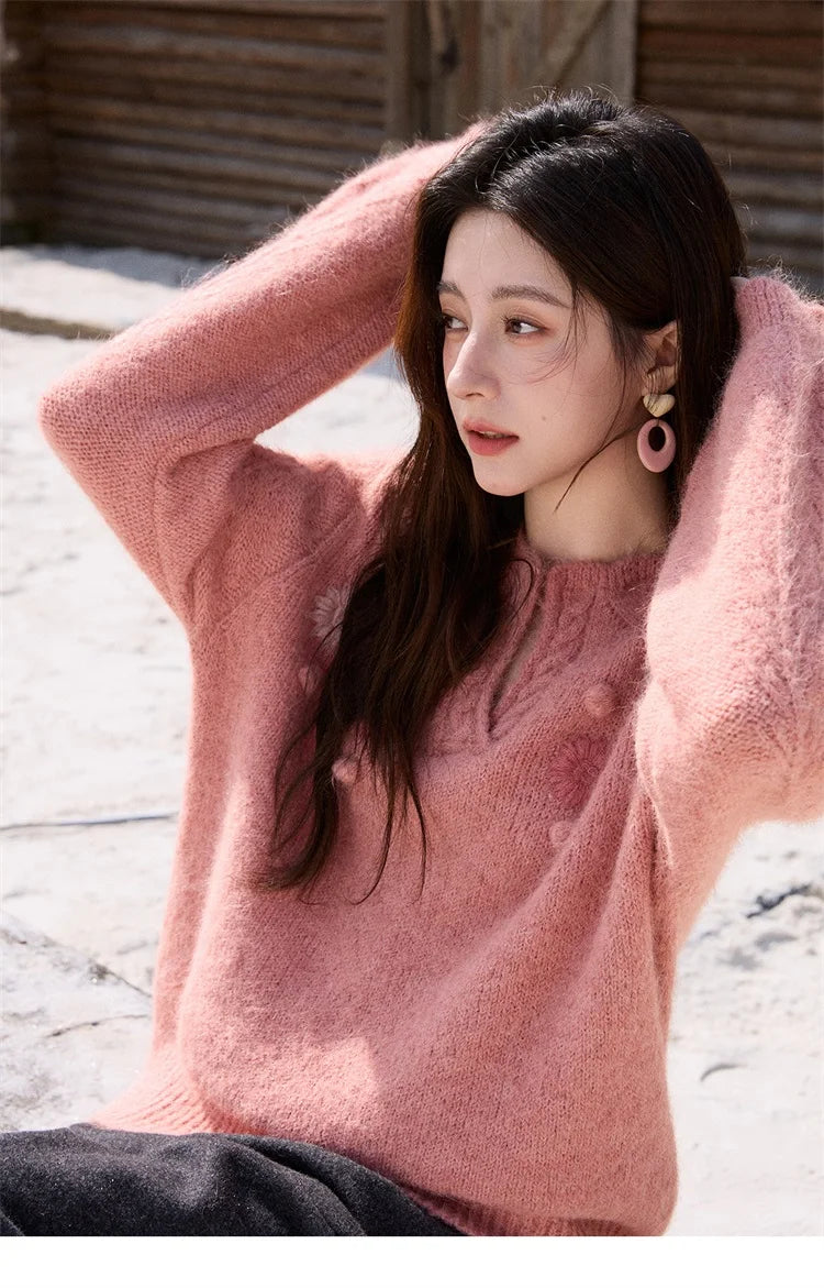 MISHOW Women's Raspberry Pink Wool Blend Sweater 2025 Winter French Floral Pom-Pom Embroidered V-Neck Knitted Top MXE86Z2740