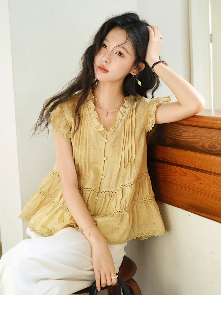 MISHOW Women's Summer Shirt 2025 New Wood Ear V-neck Flying Sleeve Shirt Casual Wrinkle Spliced Button Ladies Top MXE37X1908