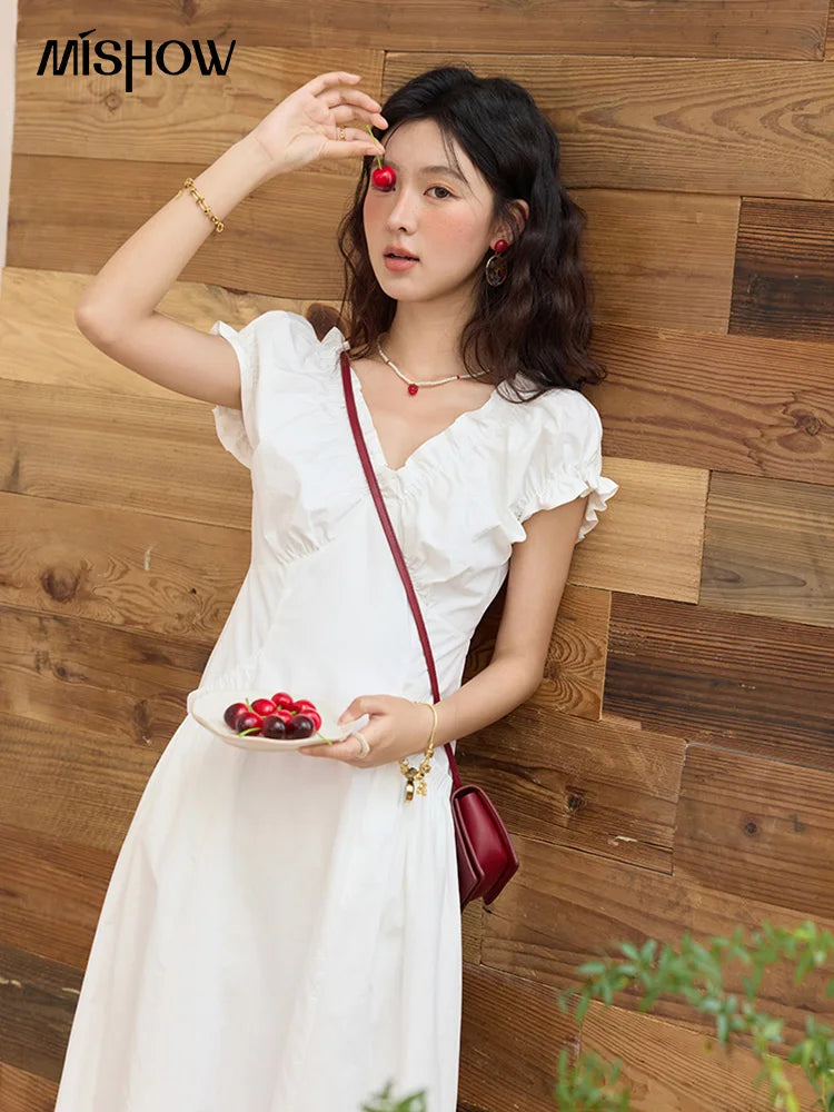 Mishow V-Neck Puff Sleeve Office Midi Dress MXD29L1934