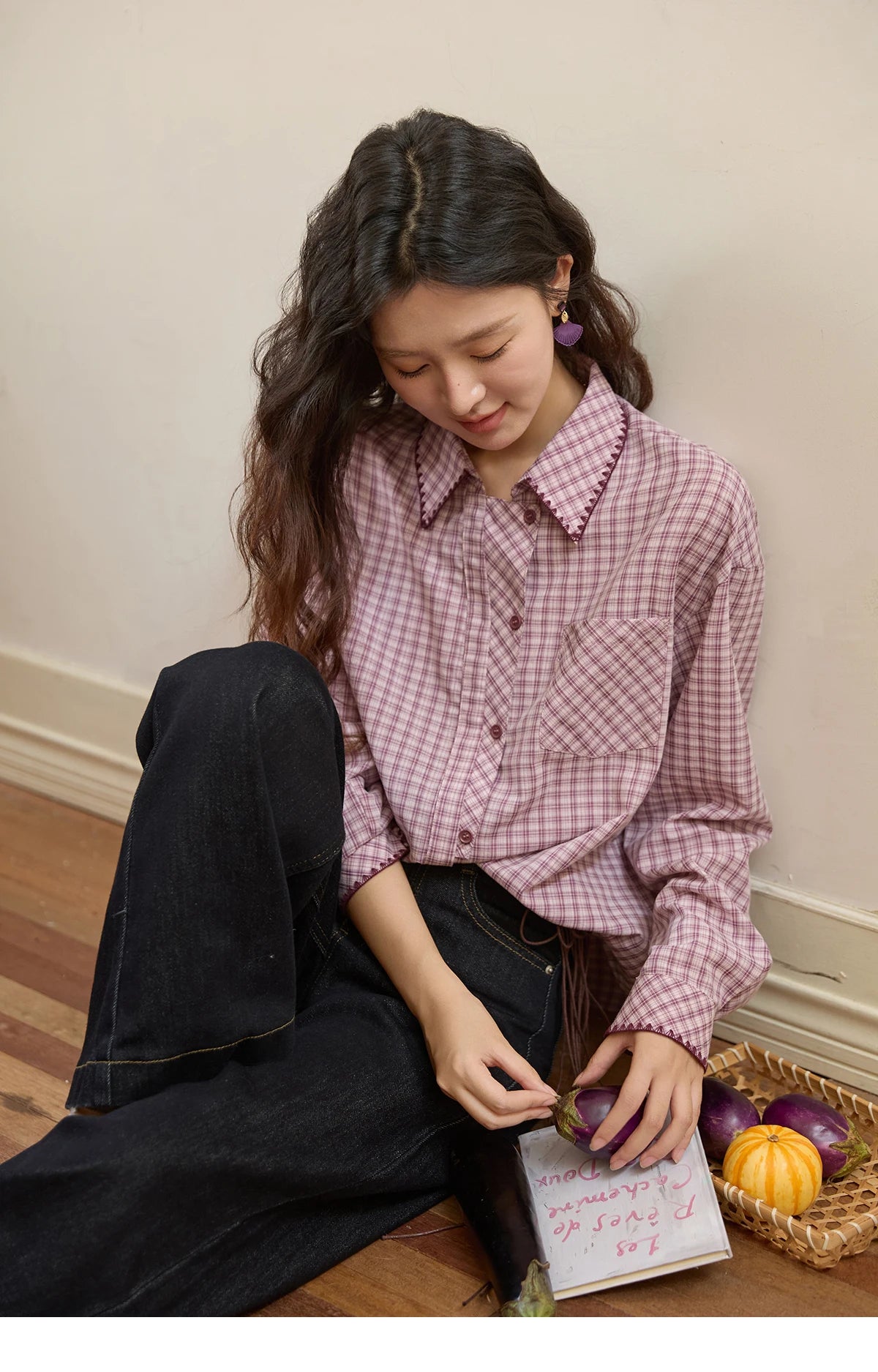 MISHOW Purple Plaid Shirt for Women Autumn 2025 Contrasting Embroidery Irregular Placket Shirt with Pocket Casual Top MXE44C2394