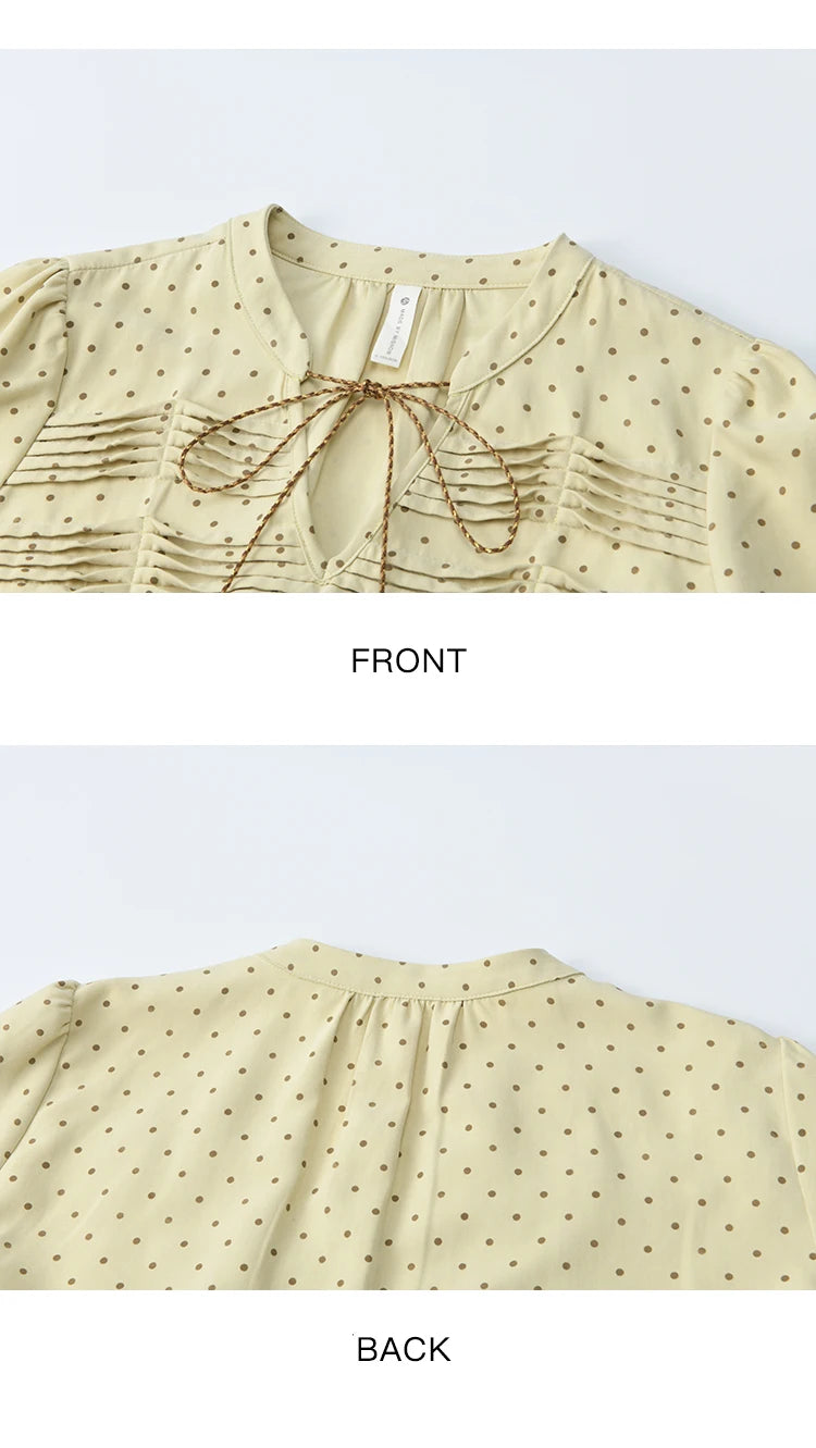 MISHOW Women's Polka Dot Ruffled Shirt 2025 Autumn Vintage Tie Tassel Round Neck Long-Sleeve Top Loose Casual Blouse MXE45X2477