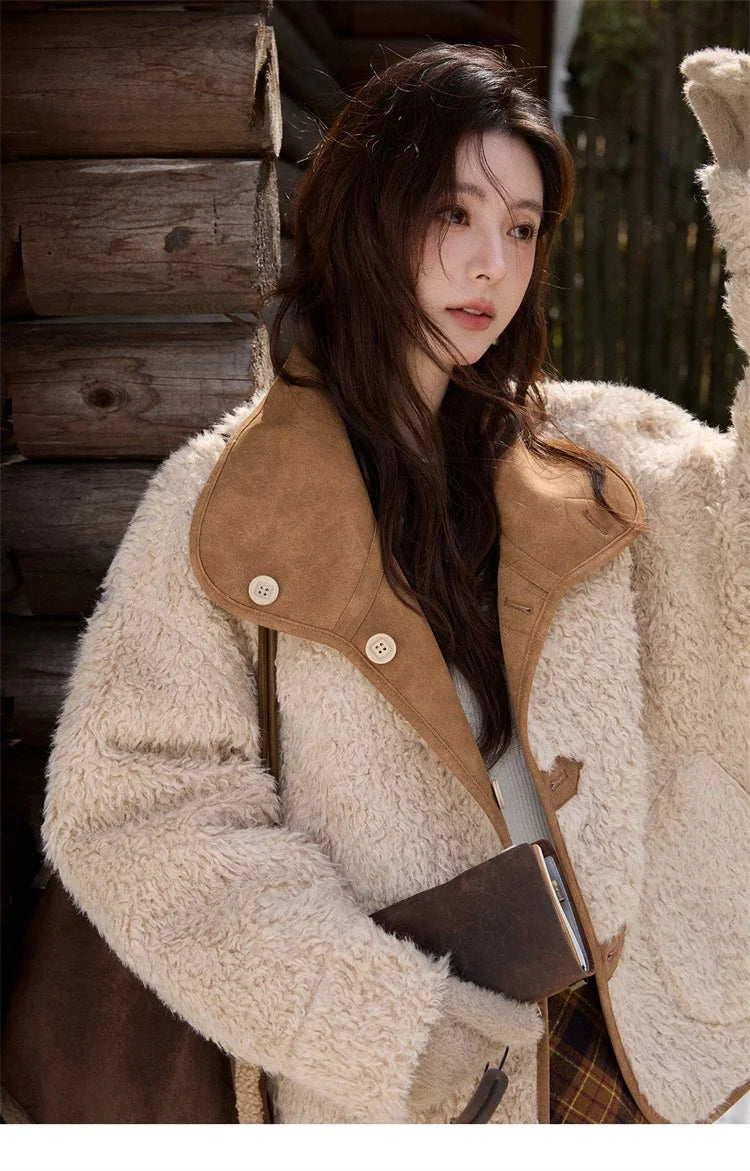 MISHOW Women's Double Sided Wearing Jacket 2025 Winter Lamb Wool Lapel Coat Warm Windproof Commuter Coat with Pockets MXE91W1015