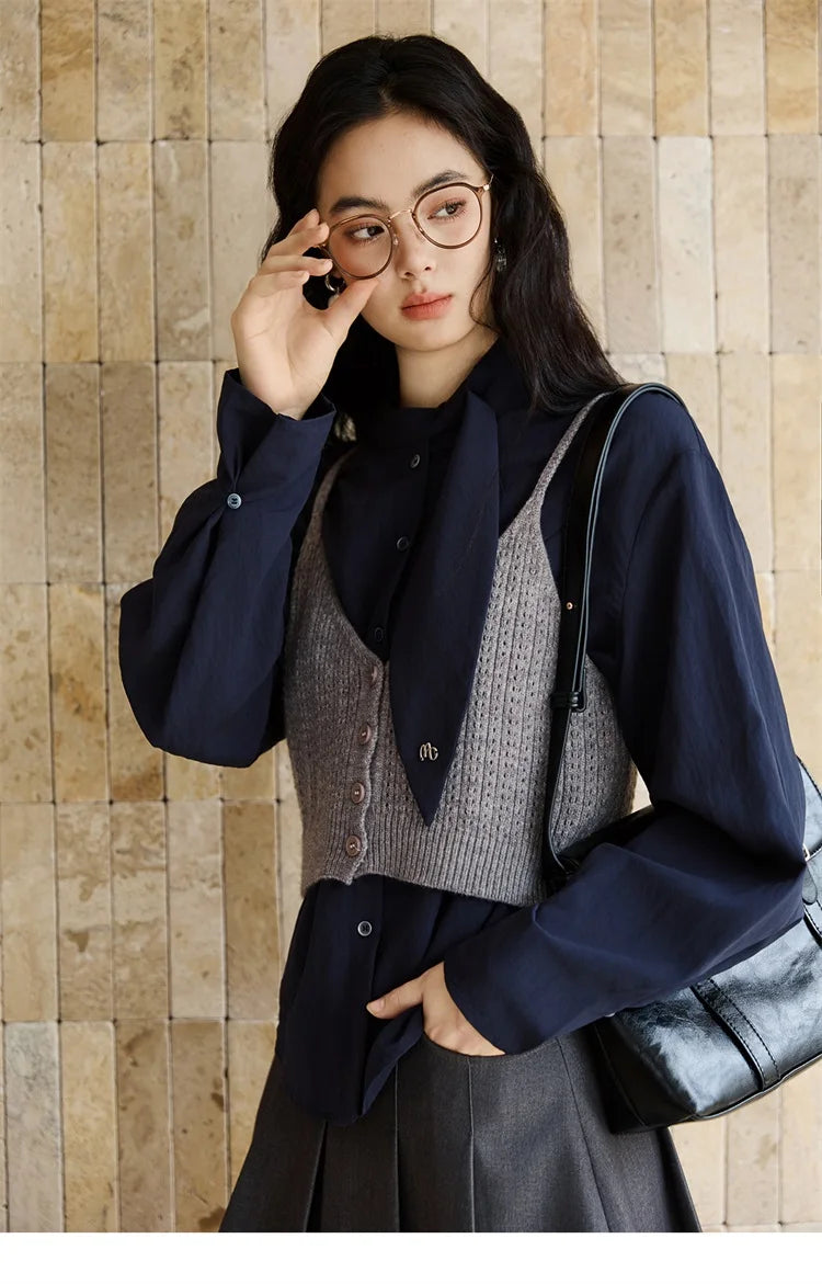 MISHOW Woman Shirt Set 2025 Autumn Fashion New Navy Blue Ribbon Design Layered Shirt Knit Camisole Two-piece Suit MXE47T1412