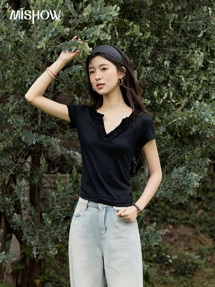 MISHOW Casual Summer T-shirts Women New 2025 Short Sleeve V-neck Solid Straight Shoulder Slimming Shirt Female Thin MXE35T0562