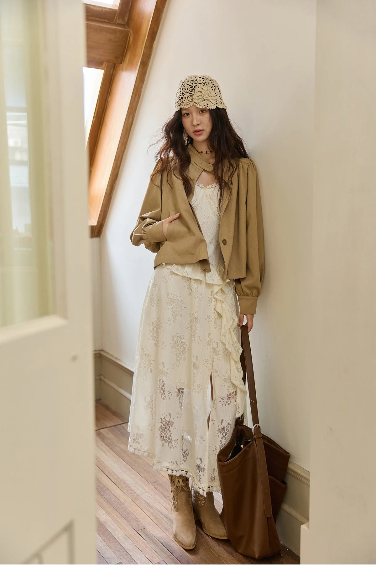 MISHOW Bohemian Apricot Lace Camisole Inner Dress Autumn Irregular Ruffle Tassel Hem Dresses Front Side Fork Dress MXE43L2449