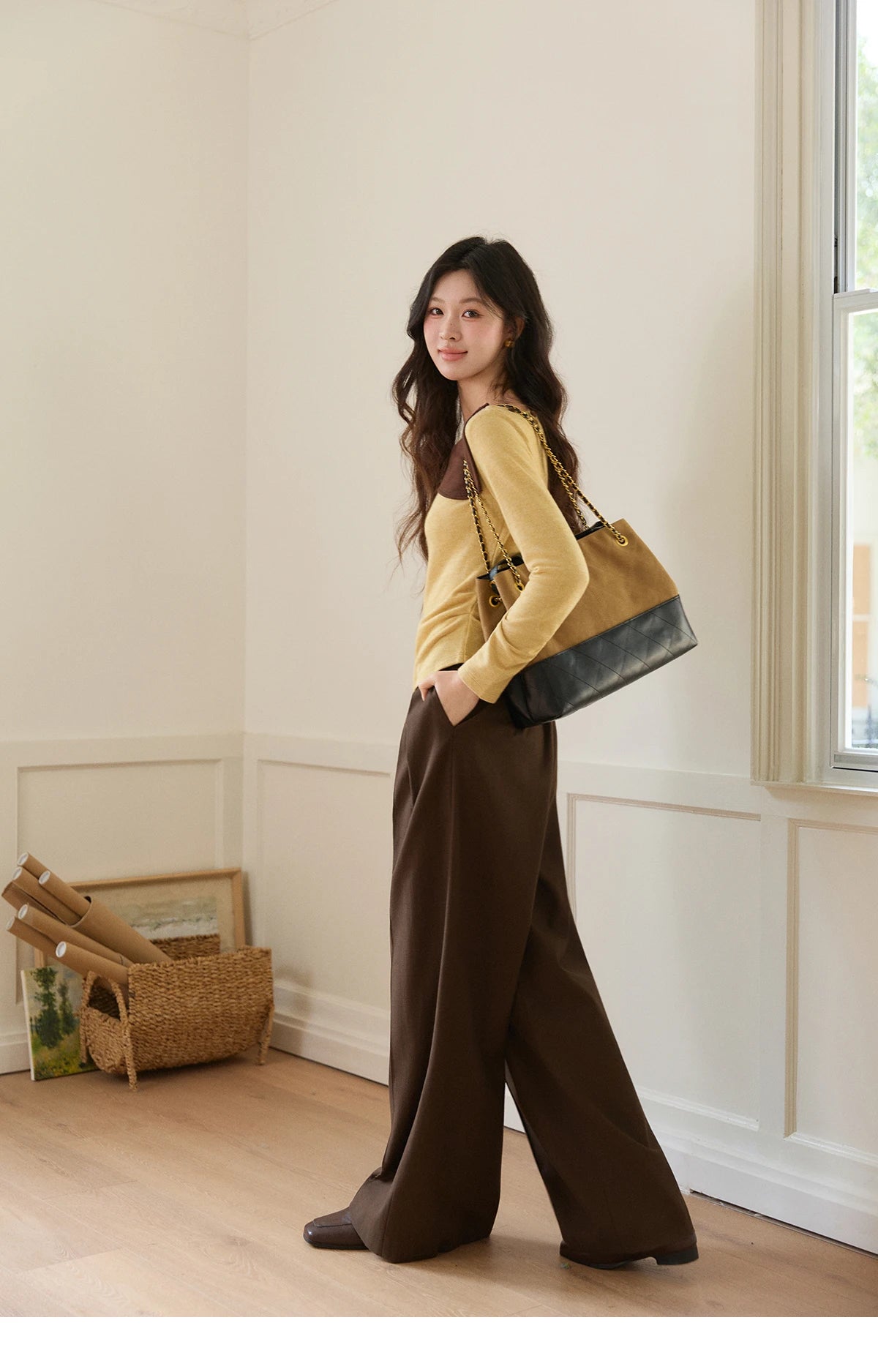 MISHOW Women's Yellow Brown Irregular Top 2026 Spring Contrast Color Oblique Collar Long Sleeve Casual Knitted Tops MXF11Z2911