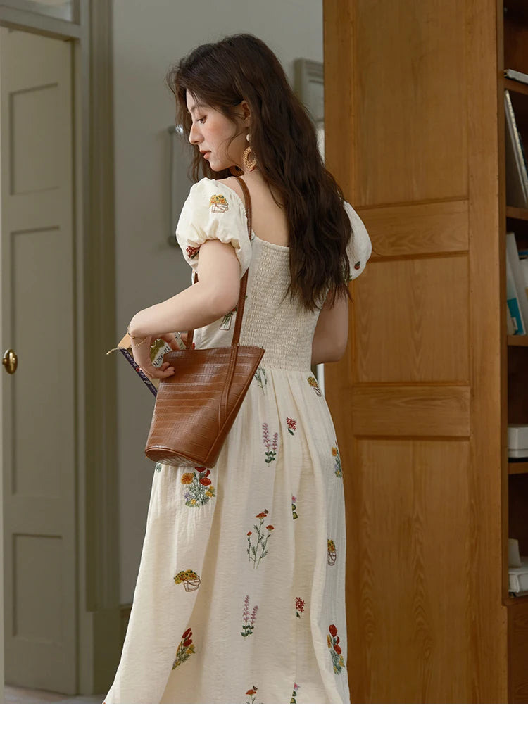 MISHOW Fashion Flower Embroidery Dress for Women Summer 2025 New Square Neck Lace Up Puff Sleeve Large Swing Dresses MXE37L2315