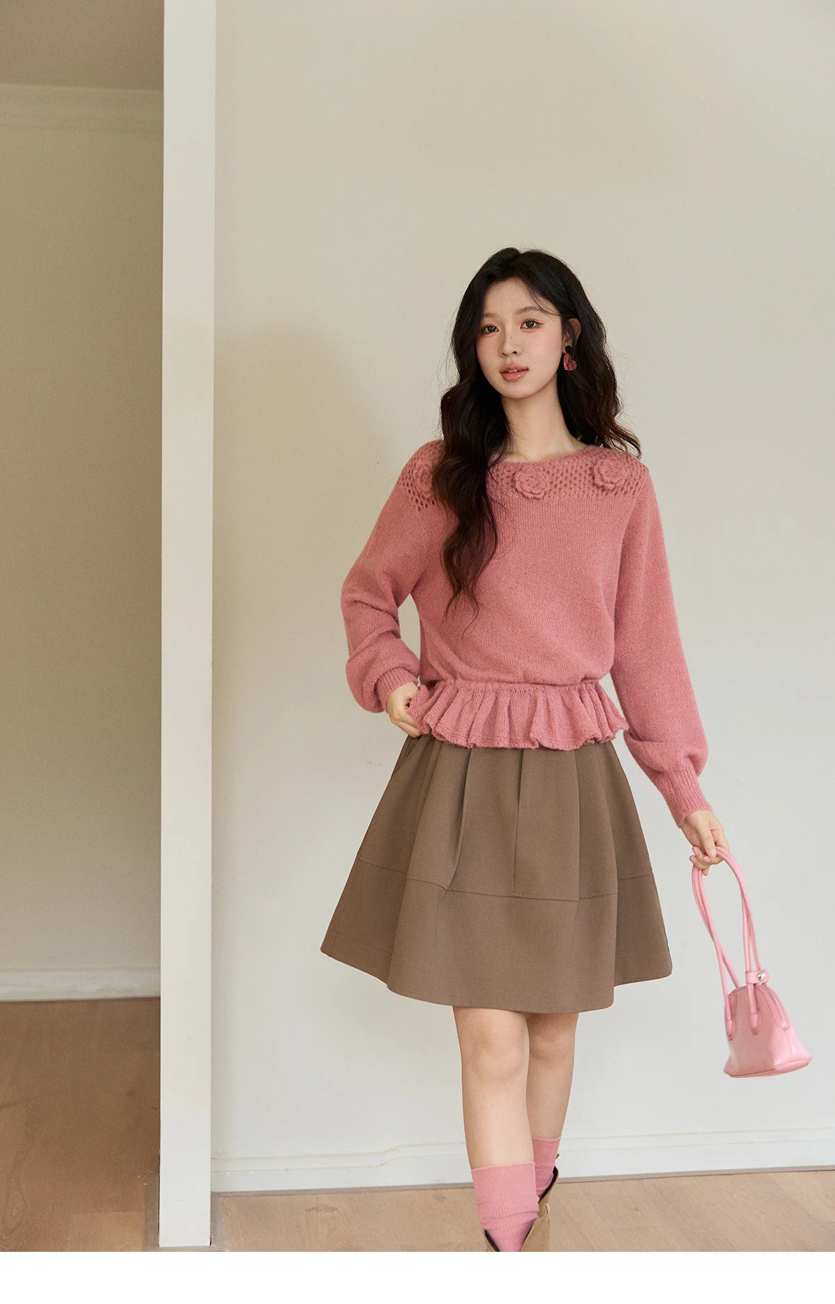 MISHOW Women's Pink Hollow-out Knitwear 2026 Spring Crew Neck Floral Embroidery Sweater Ruffled Hem Casual Loose Top MXE94Z2865