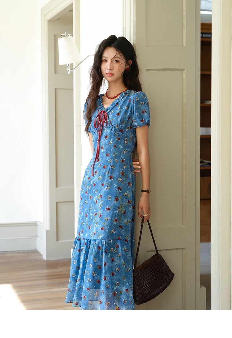 MISHOW Women's V-neck Lace Up Dress 2025 Summer New Female Fashion Puff Sleeve Chiffon Print Dresses Ladies Clothing MXE39L2401