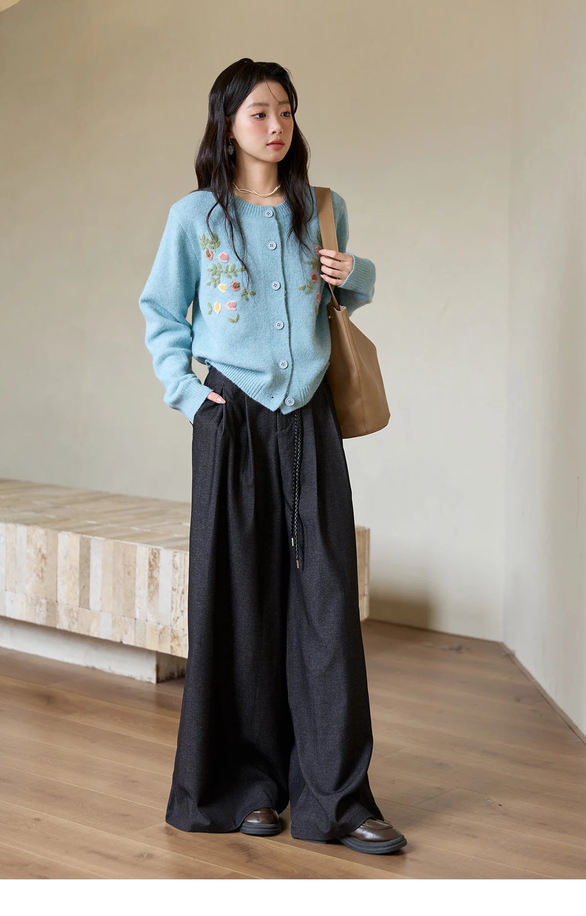 MISHOW Blue Floral Embroidered Cardigan for Women 2025 Autumn Winter New Loose Crew Neck Long Sleeves Sweater Wool MXE51Z2695