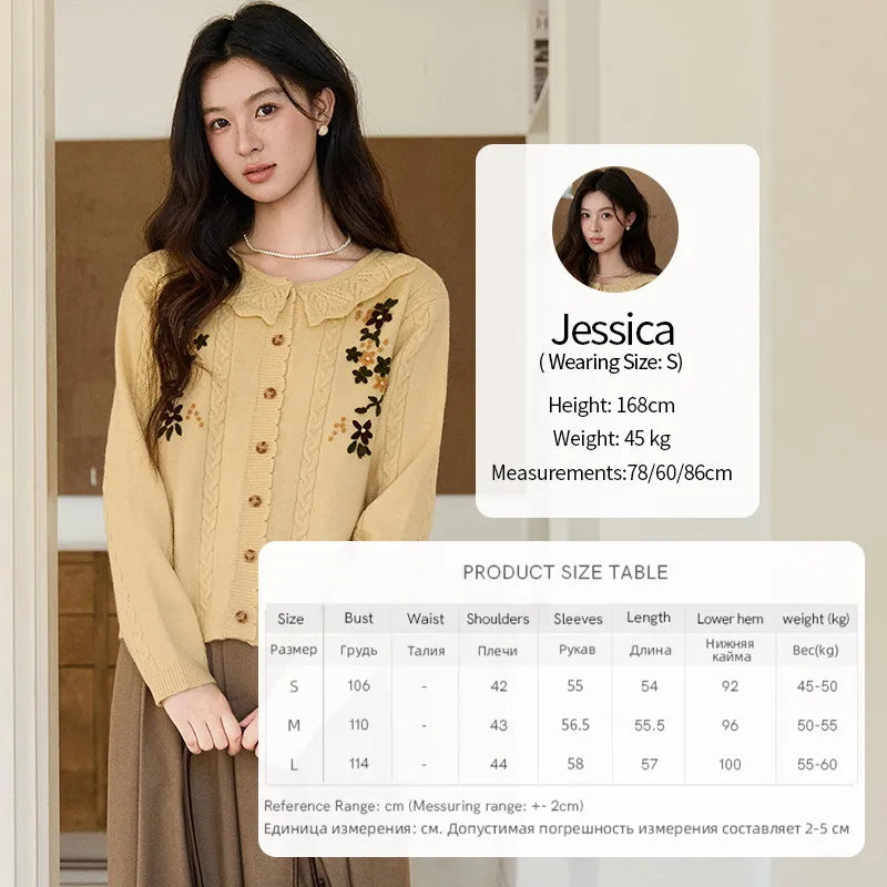 MISHOW Women's Cable Knit Cardigan Spring Peter Pan Collar Floral Embroidery Sweater Long Sleeve Casual Loose Tops MXF11Z2904