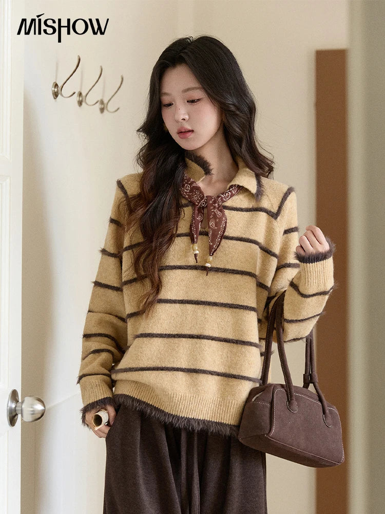MISHOW Women's Faux Mink Fur Striped Sweater 2025 Winter Loose Lapel Tassel Hem Thickened Knitwwear Excluding Scarves MXE93Z2945