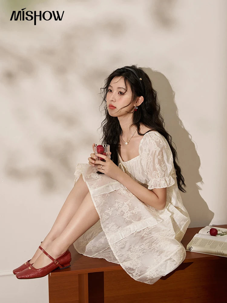 MISHOW Square Neck Vertical Stripe Ruffle Edge Dress 2025 Summer Tea Break French Bubble Sleeve Vacation Long Dresses MXD27L1808