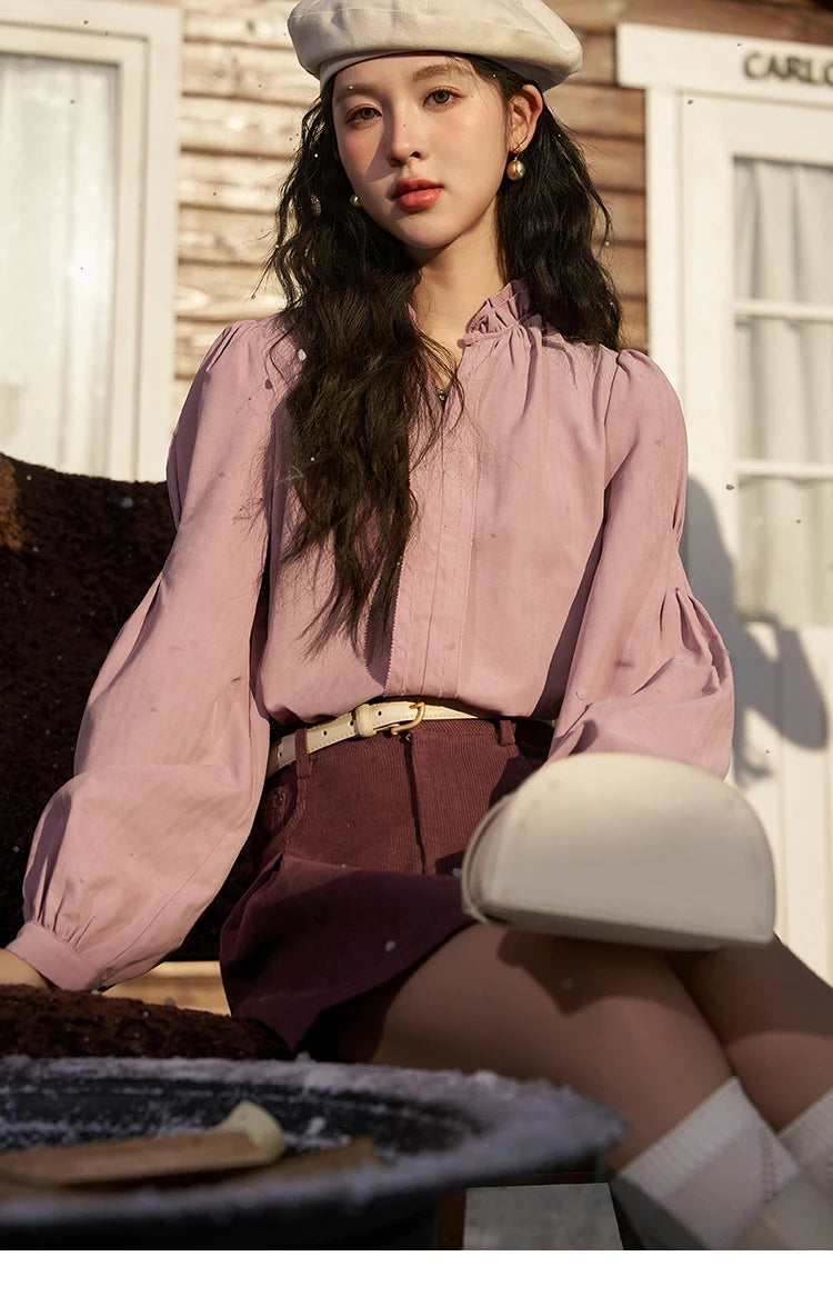 MISHOW French Autumn Winter Button Up Lantern Long Sleeve Shirts Women Ruffle Neck Thick Warm Blouse Flannel Shirt MXC56X1320