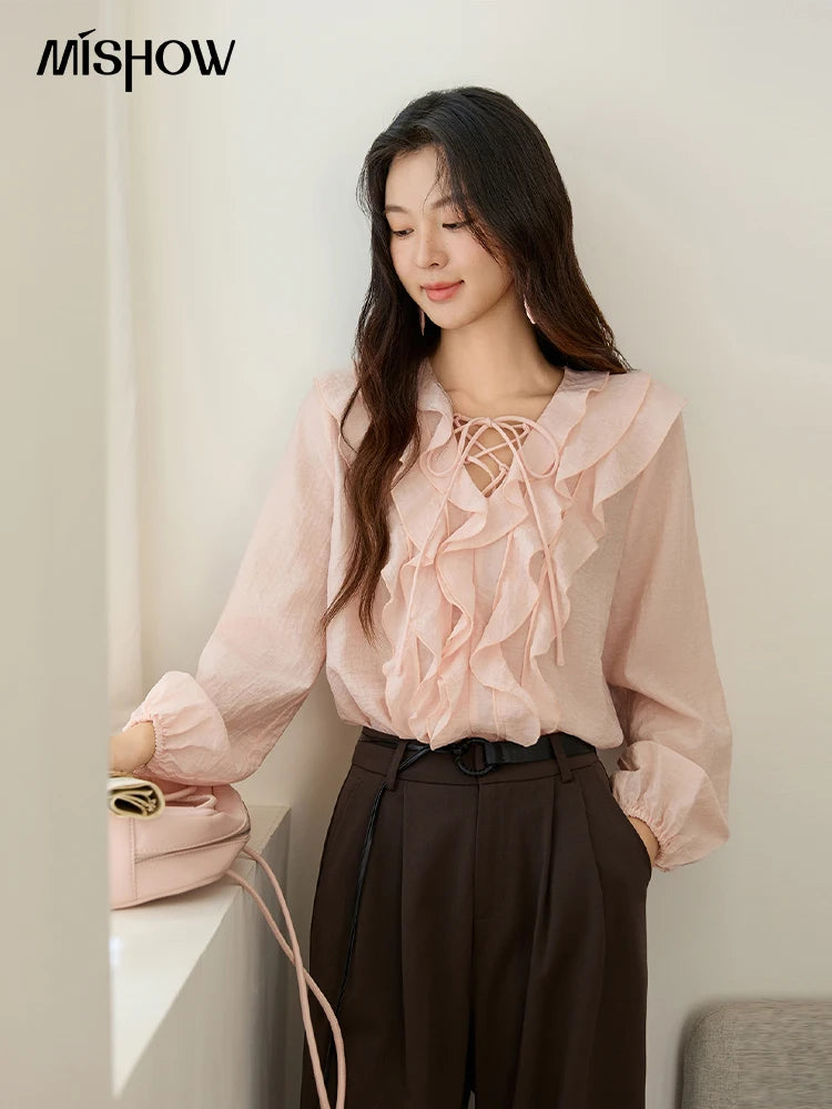 MISHOW Pink Ruffled Blouse for Woman 2025 Autumn New Elegant Sweet V-neck Lace-up Design Shirt Lantern Sleeves Top MXE49X2504
