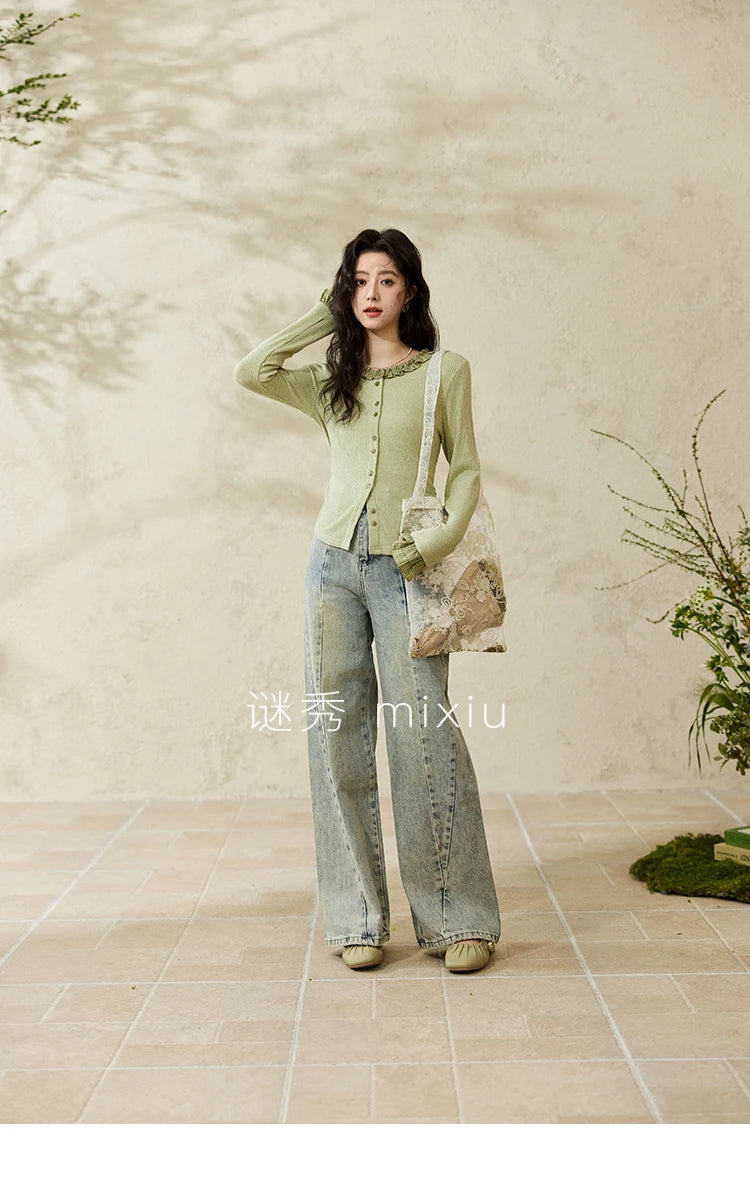 MISHOW Green Plaid Knitted Top 2025 Spring Lotus Leaf Sleeves Tees Slim Long Sleeve Curled Collar Single Breasted Top MXE14Z1152
