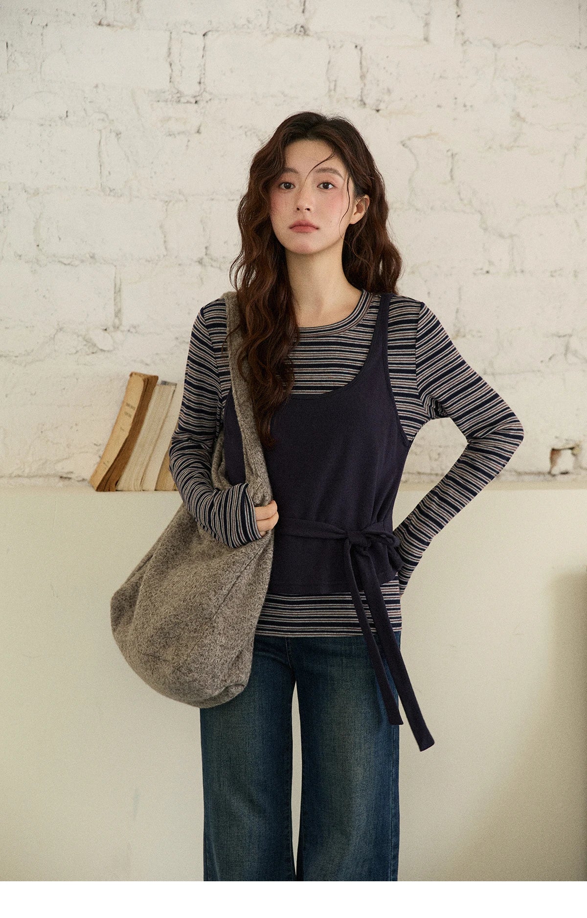 MISHOW Women's Two-Piece Set, 2025 Winter New Retro Casual Round Neck Long Sleeve Striped Top with Tie-Waist Camisole MXE87T1430