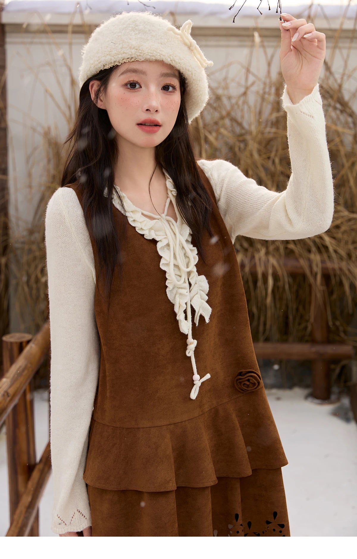 MISHOW Women's Elegant Brown Retro Suede Vest Dress 2025 Autumn Winter Hollow Out V-Neck Tank Dress Sleeveless Dress MXE51L2524